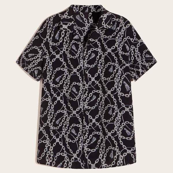 

Men Notch Neck Chain Print Shirt