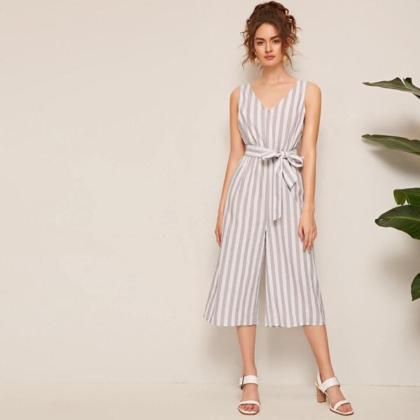 

V Neck Sleeveless Striped Belted Jumpsuit, Grey