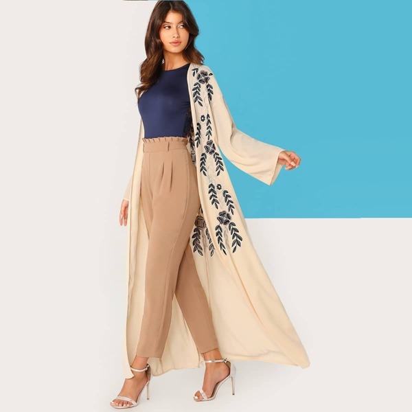 

Botanical Embroidered Drop Shoulder Abaya, Beige