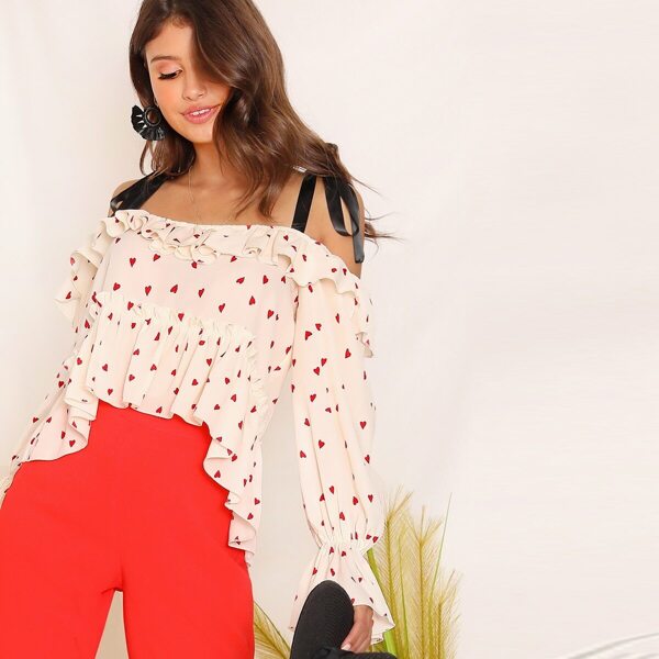 

Heart Print Self Shoulder Foldover Front Top