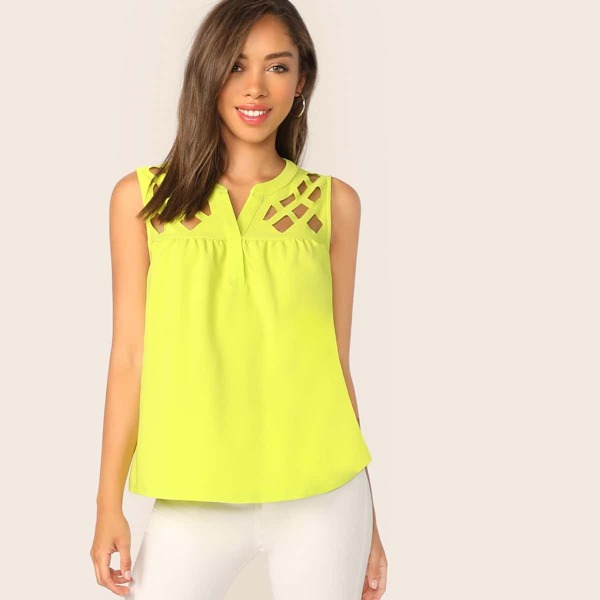 

Neon Yellow V-cut Neck Geo Cut Yoke Sleeveless Top