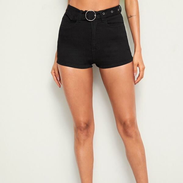 

O-ring Belted 5-pocket Denim Shorts