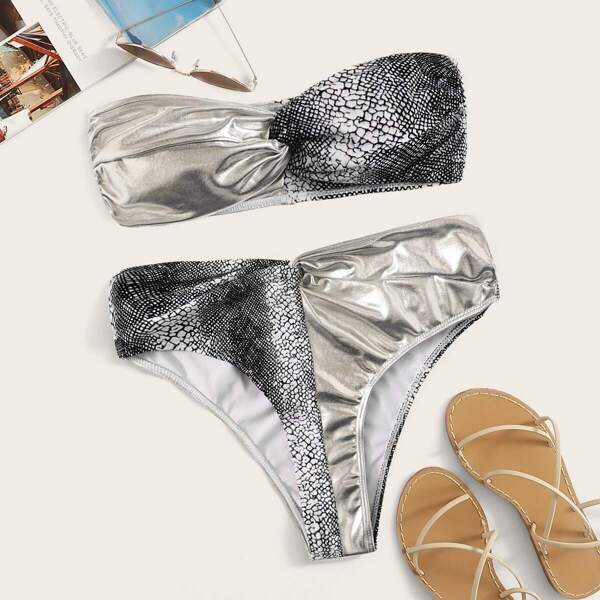 

Metallic Contrast Snakeskin Twist Bandeau Bikini Set