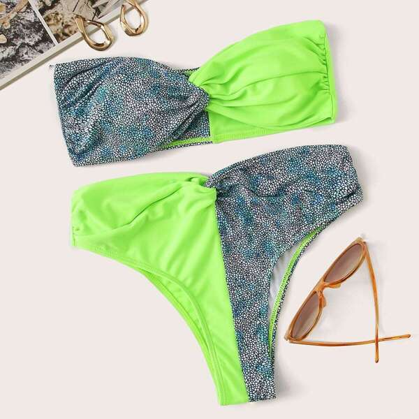 

Contrast Neon Green Twist Bandeau Bikini Set, Multicolor bright