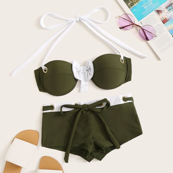 

Underwire Halter Top With Drawstring Short Bikini Set, Army green