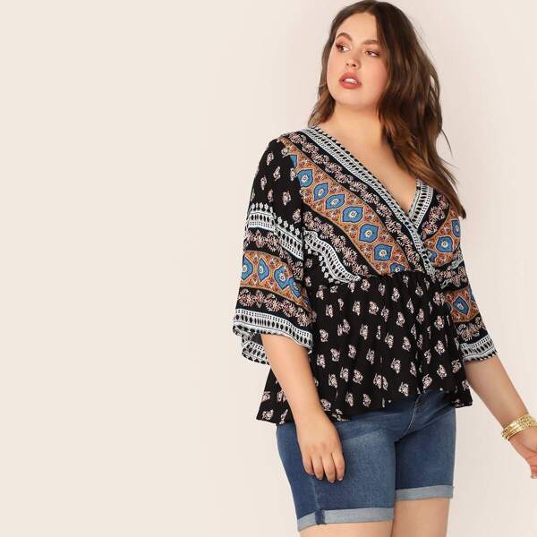 

Plus Surplice Neck Tribal Print Peplum Top