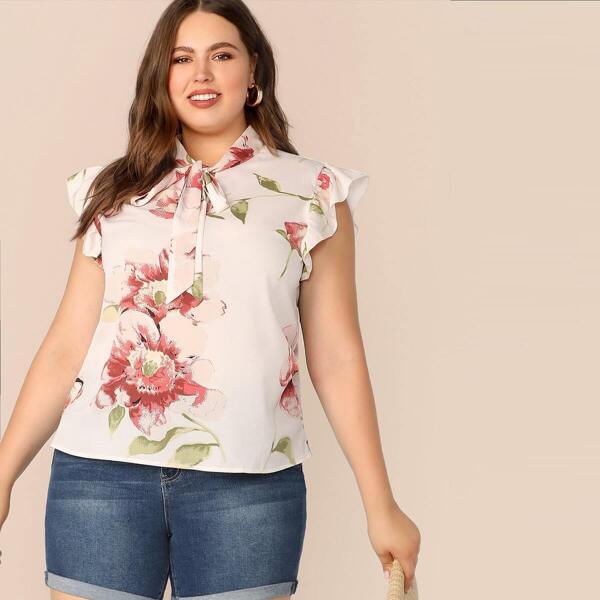 

Plus Tie Neck Ruffle Armhole Floral Top