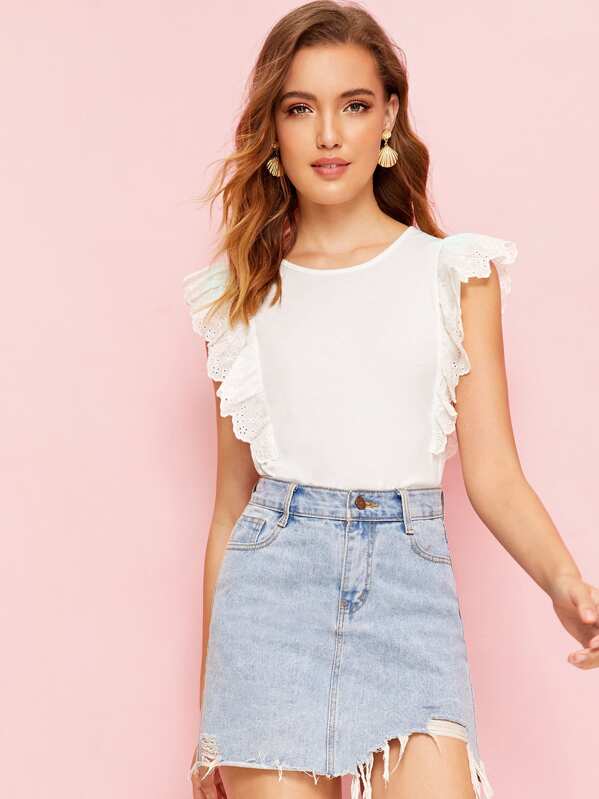 

Eyelet Embroidered Ruffle Trim Solid Tee, White, Debora