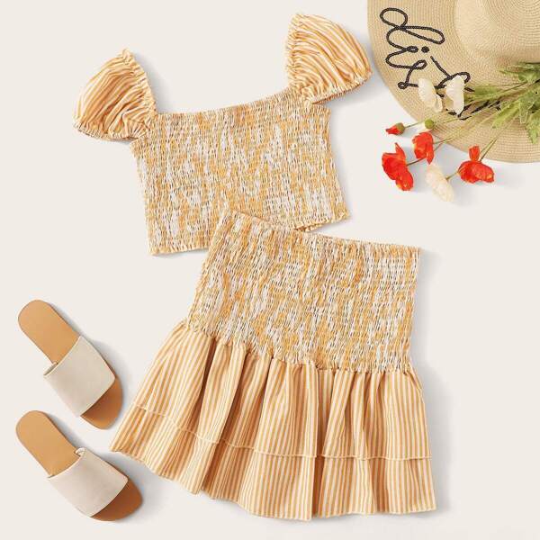 

Frill Trim Shirred Top & Layered Ruffle Skirt Set, Yellow pastel