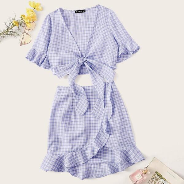 

Knotted Front Gingham Top & Ruffle Hem Wrap Skirt Set, Purple pastel