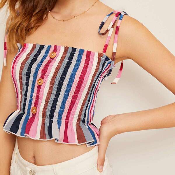 

Tie Strap Ruffle Trim Colorful Striped Shirred Top