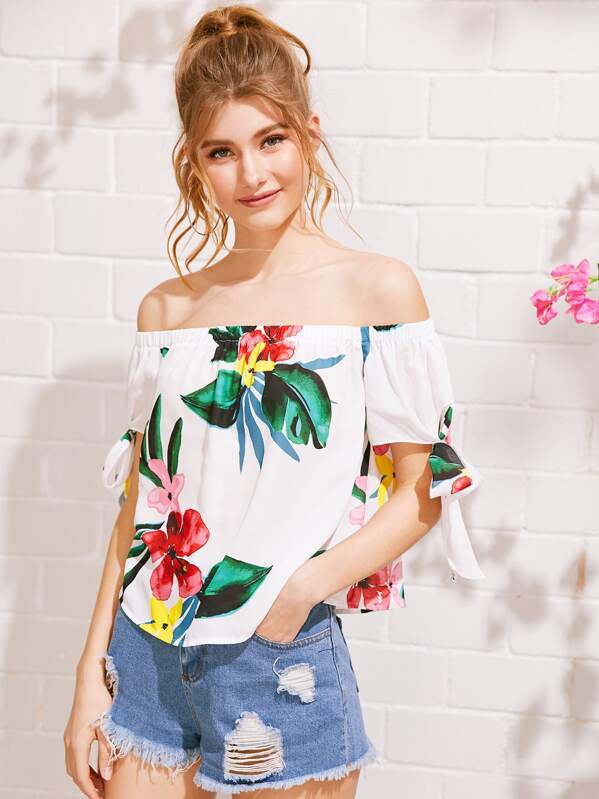 

Off Shoulder Tie Cuff Tropical Print Top, Multicolor, Lera C
