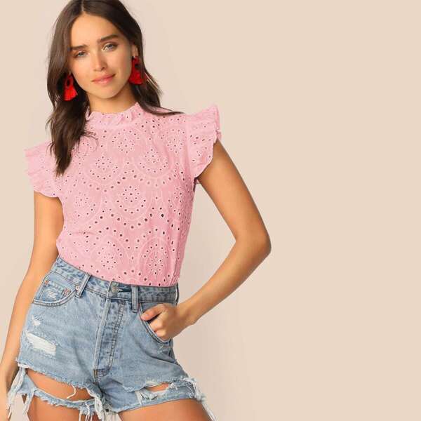

Ruffle Trim Keyhole Back Schiffy Top