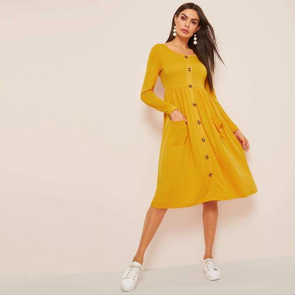 

Single Breasted Pocket Patched Tea Dress