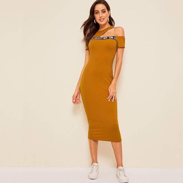 

Asymmetrical Neck Letter Tape Rib-knit Dress