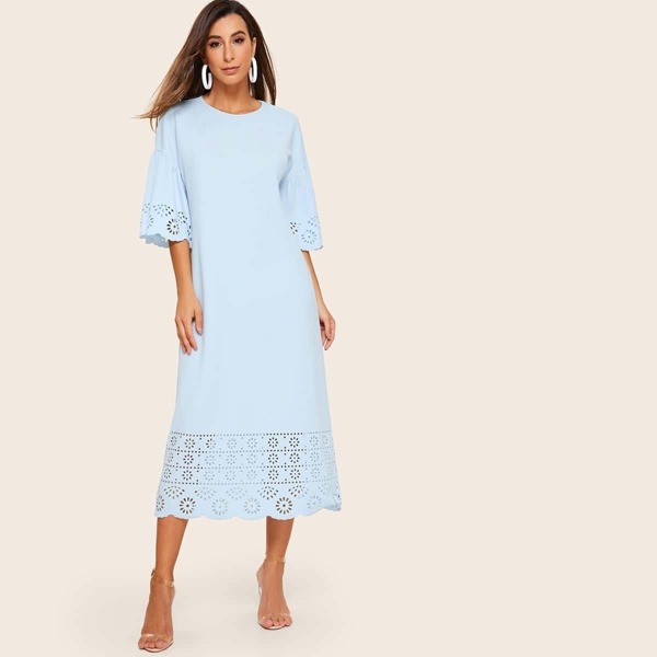 

Drop Flounce Shoulder Laser Cut Belted Dress