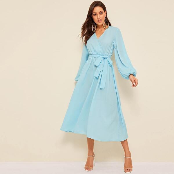

Lantern Sleeve Self Belted Wrap Dress, Blue