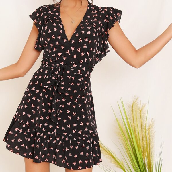 

Heart Print Ruffle Hem Belted Dress