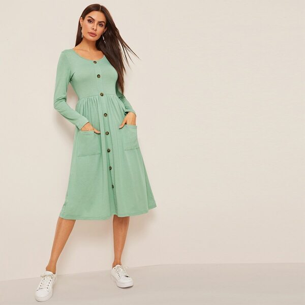 

Button Up Patch Pocket Detail Fit & Flare Dress, Green pastel