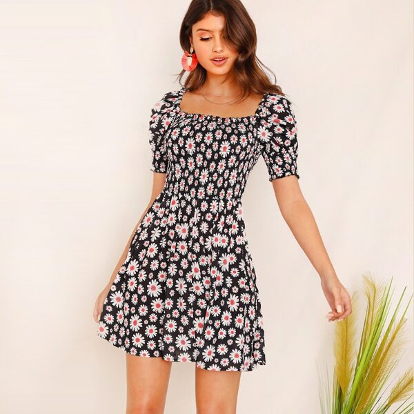 

Daisy Floral Frill Trim Shirred Floral Dress, Multicolor