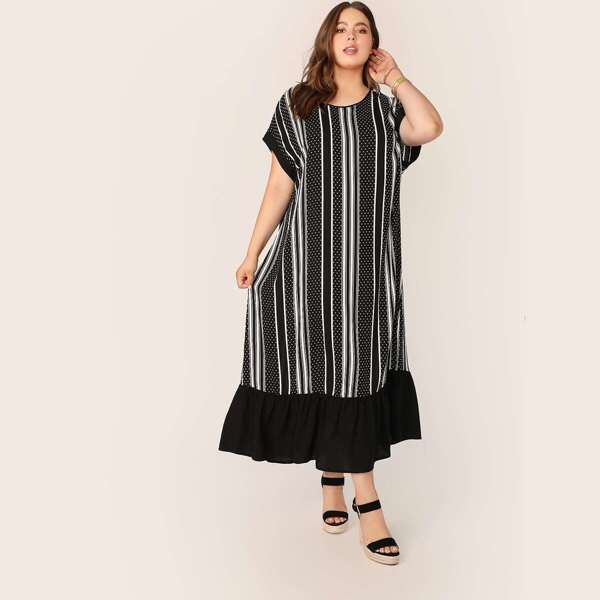 

Plus Flippy Hem Polka Dot and Striped Dress, Black and white