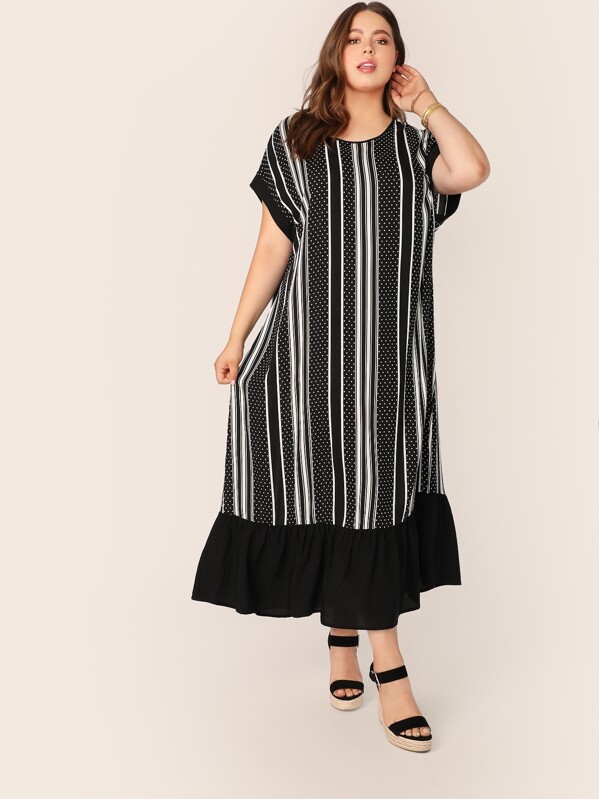 

Plus Flippy Hem Polka Dot and Striped Dress, Black and white, Bailey Carr