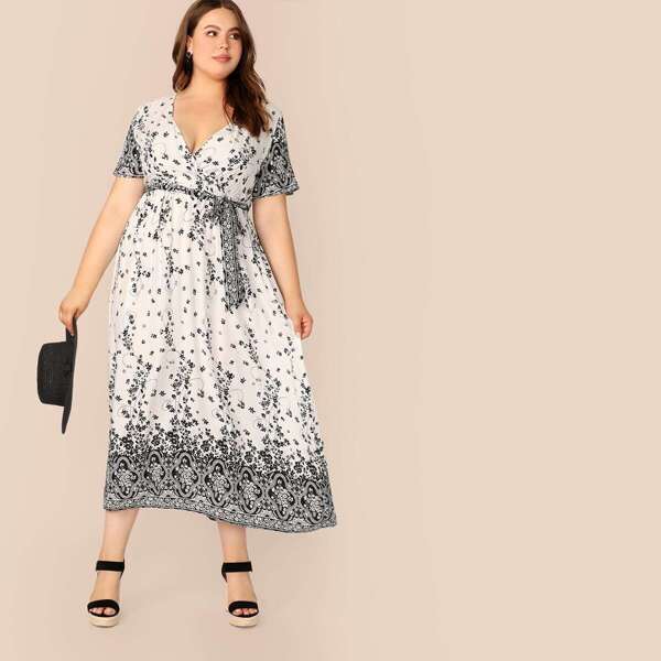 

Plus Botanical Print Self Belted Wrap Dress