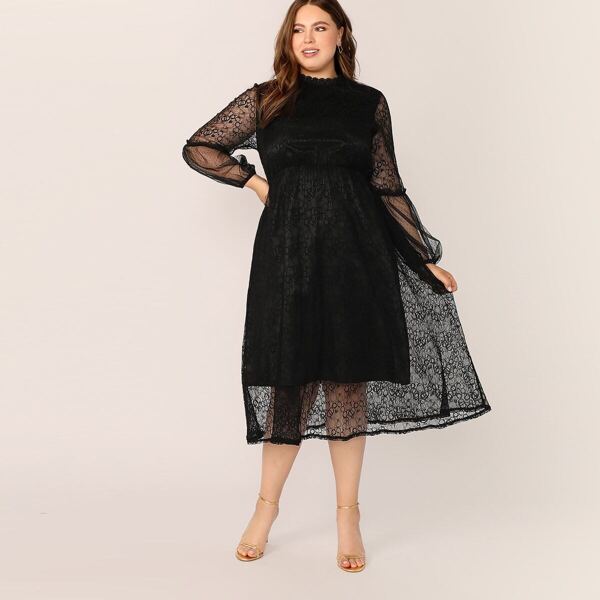 

Plus Frill Trim Lantern Sleeve Lace Overlay Dress, Black