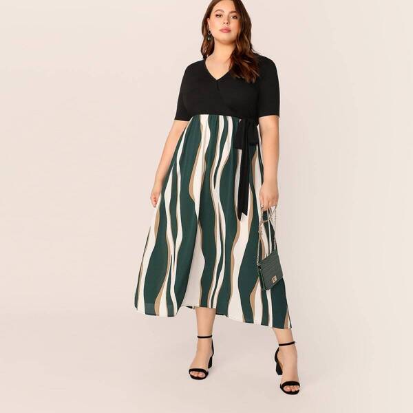 

Plus Surplice Neck Self Tie Front Colorblock Combo Dress, Multicolor