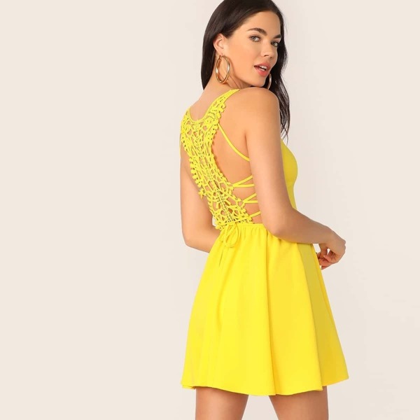 

Neon Yellow Lace Up Guipure Lace Back Cami Sundress, Yellow bright