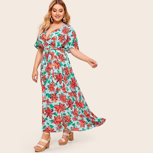 

Plus Flutter Sleeve Self Belted Surplice Wrap Dress, Multicolor