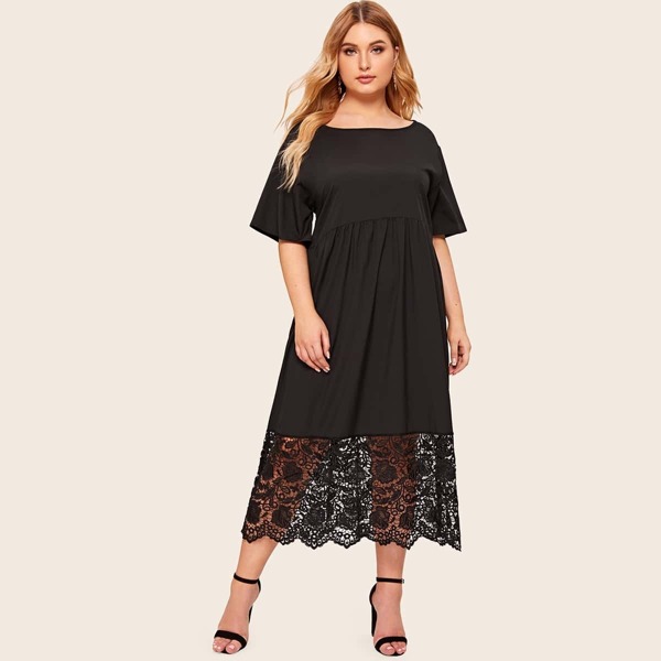 

Plus Contrast Guipure Lace Solid Dress, Black