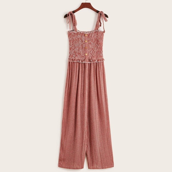 

Tie Strap Buttoned Front Shirred Bodice Striped Jumpsuit, Red