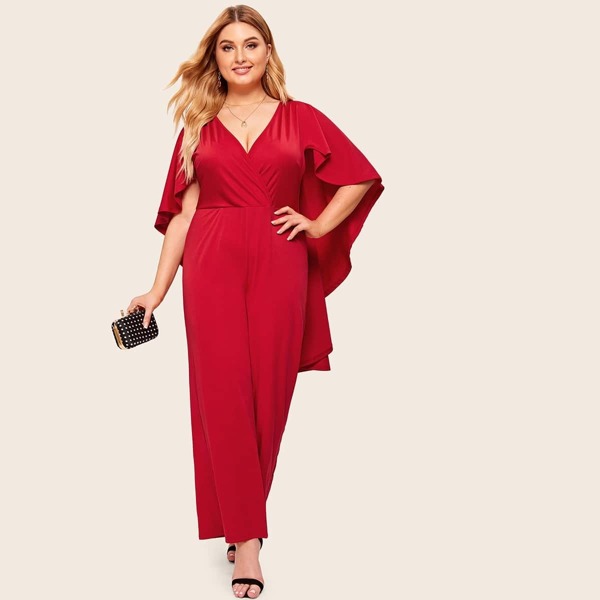 

Plus Surplice Neck Wide Leg Cape Jumpsuit, Red