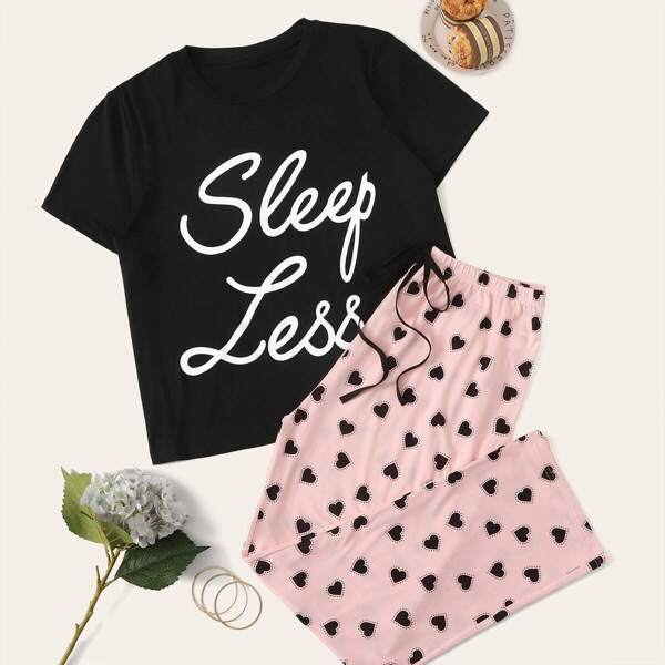 

Plus Slogan Print Tee and Knot Waist Pants PJ Set, Multicolor