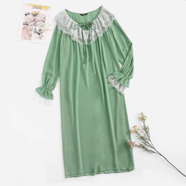 

Tie Neck Contrast Layered Lace Trim Nightdress, Green pastel