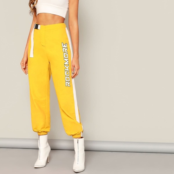 

Letter Print Two Tone Buckle Belted Lantern Pants