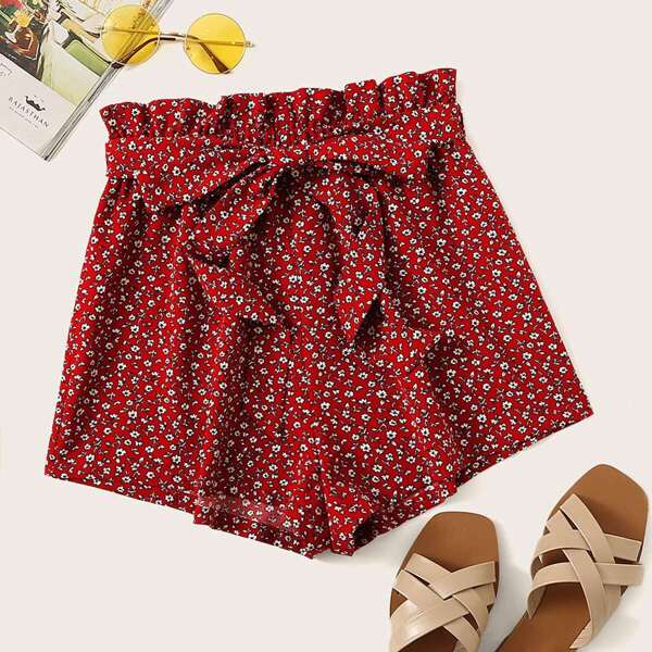

Paperbag Waist Slant Pocket Ditsy Floral Shorts, Red