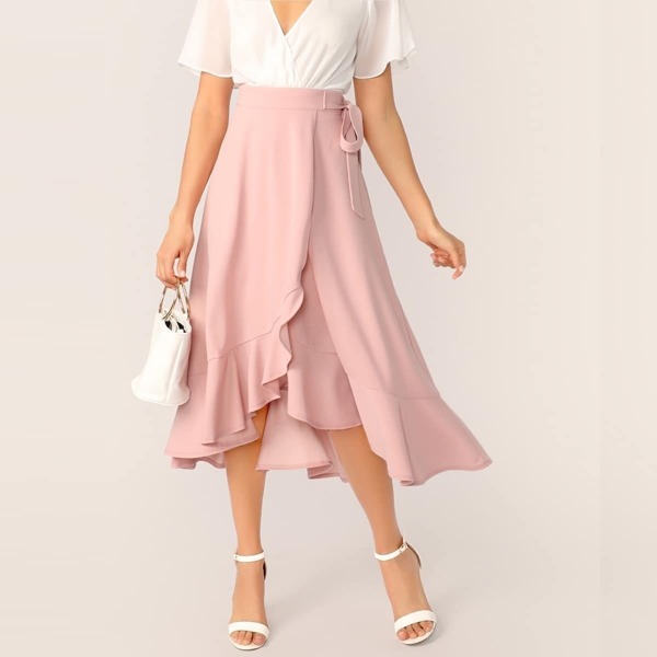 

Asymmetrical Ruffle Hem Tie Side Wrap Skirt, Pink
