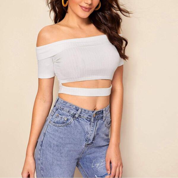

Off Shoulder Peekaboo Rib-knit Crop Tee