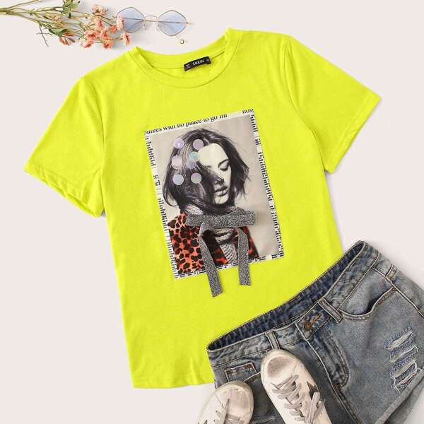 

Neon Green Figure Print Sequin Detail Tee