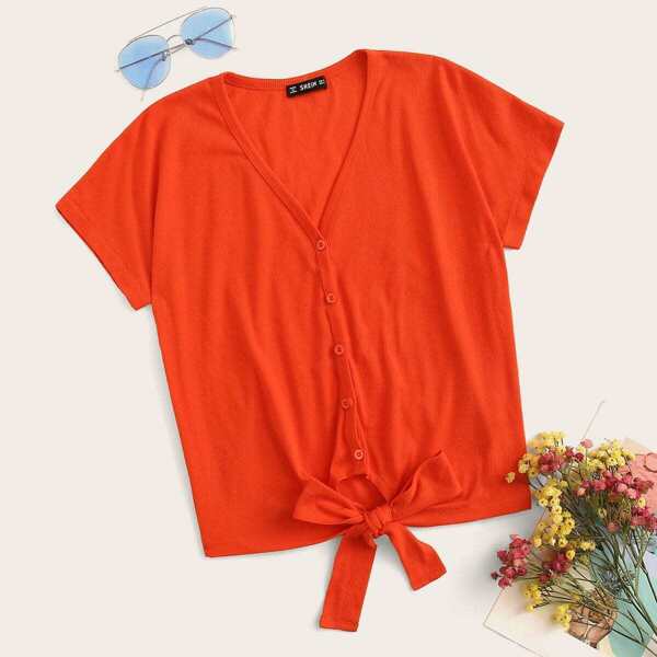 

Neon Orange Button Front Knot Hem Top