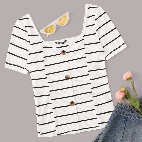 

Button Front Striped Rib-Knit Top