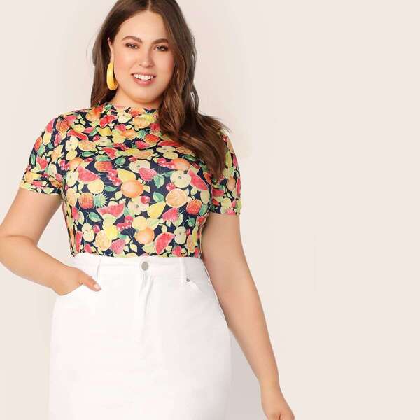 

Plus Fruit Print Mock-neck Top