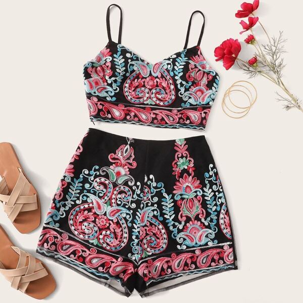 

Embroidered Crop Cami Top and Shorts Set