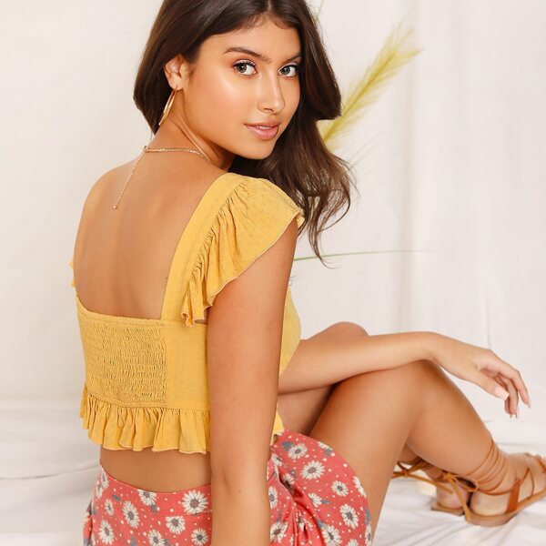 

Ruched Front Shirred Back Ruffle Swiss Dot Top, Yellow