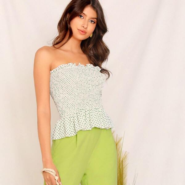 

Ruffle Trim Shirred Peplum Polka Dot Tube Top, Multicolor