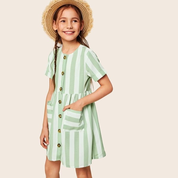 

Girls Button Up Pocket Front Striped Dress, Green