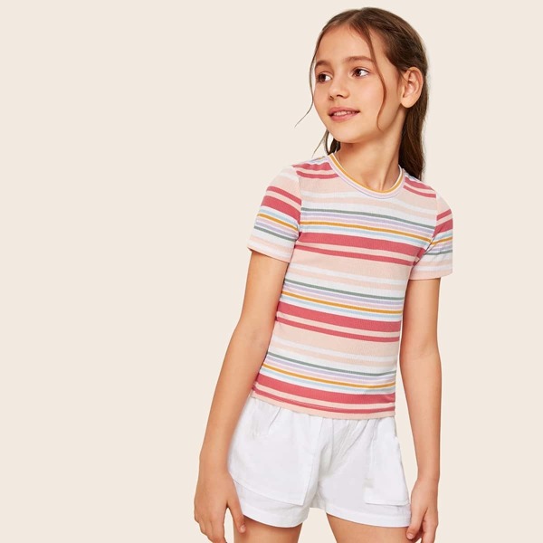 

Girls Rainbow Striped Rib-knit Top