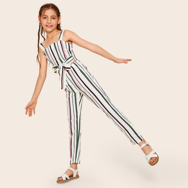 

Girls Tie Front Striped Crop Top & Pants Set